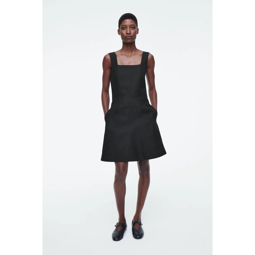 COS Black Square Neck Pinafore Midi Dress Cotton Blend Pockets EUR 36 US 6